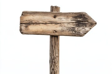 Naklejka premium Rustic Wooden Arrow Signpost: Real on White Background - Weathered wooden arrow sign, pointing , isolated on white. Symbolizes direction, guidance, journey, adventure, and rustic charm