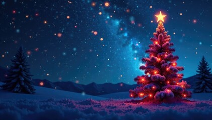Colorful Christmas tree silhouetted against a starry sky, festive lights, colorful trees