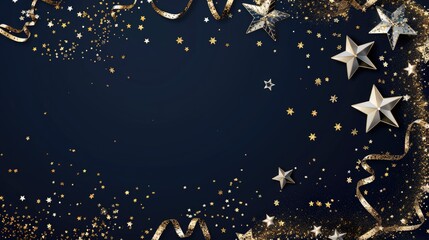 Elegant gold stars and flowing ribbons on deep navy blue background with glittering particles, luxury celebration concept