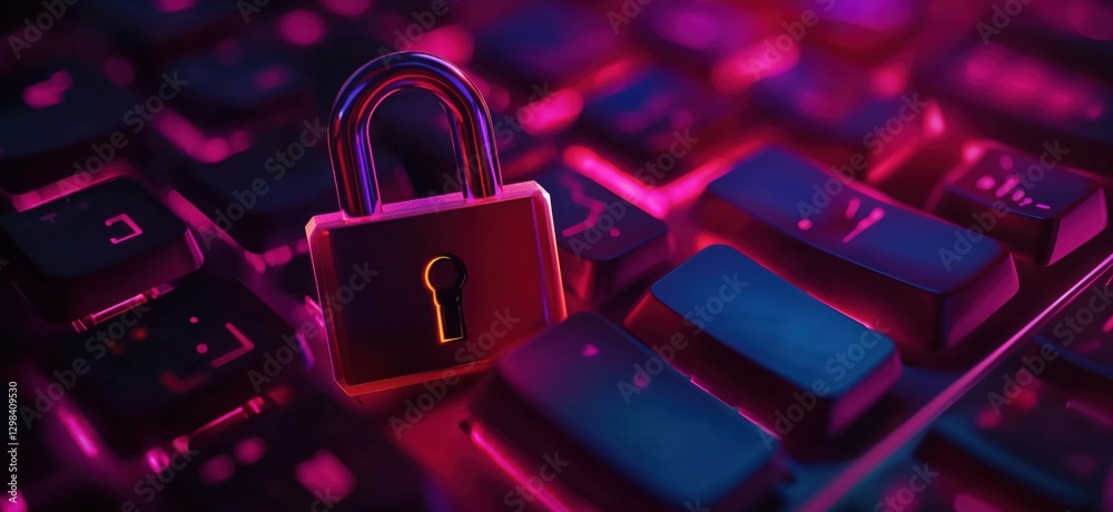 Poster cybersecurity concept with padlock on keyboard representing data protection and privacy, copy space 