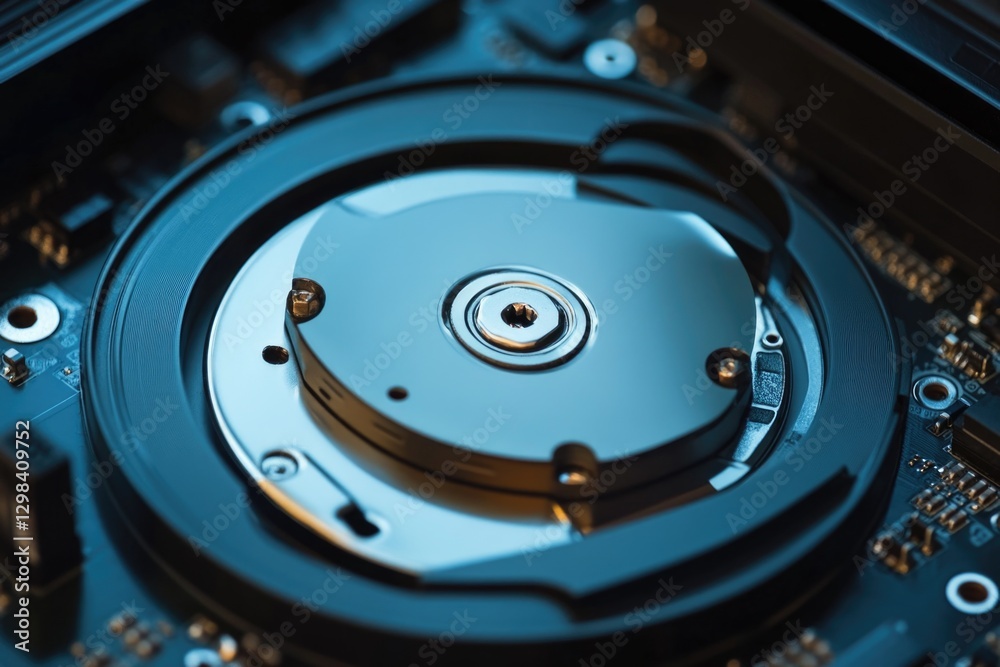 Poster a close-up view of a hard drive on a motherboard, suitable for use in technology-related contexts su