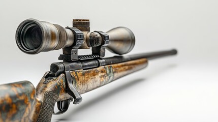 camouflage, sniper, rifle, military, weapon, displayed, white, background, symbolizing, arms, warfare, camo, gun, soldier, combat, weaponry, defense, battle, sniper rifle, equipment, violence, force, 