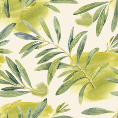 Seamless pattern watercolor olive green branch. Hand painted floral illustration olives tree branches leaves texture on beige background. Drawings foliage. For fabric, wrapping, decor, gift, textile