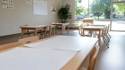 Fototapeta premium Empty Preschool Classroom, Sunlight, Learning Space, Childcare, Interior
