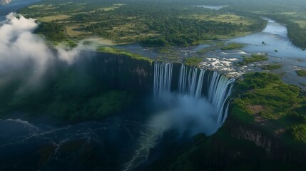 Stunning aerial view of a majestic waterfall surrounded by lush green landscape.