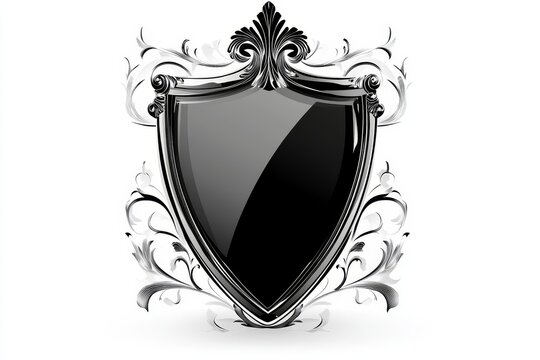 Shield Emblem with Ornate Frame - A sleek black shield, emblazoned with elegant silver detailing and ornate scrollwork, symbolizes protection, prestige, honor, heritage, and legacy