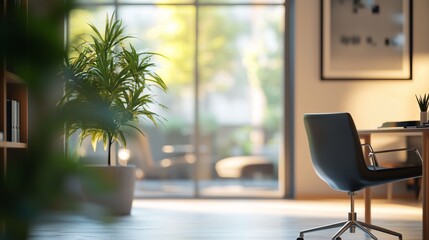 Plant in vase on table. Beautiful interior of an office inconspicuous. Blurry room with a blurry workspace. A vase with a plant placed lifestyle on a table.