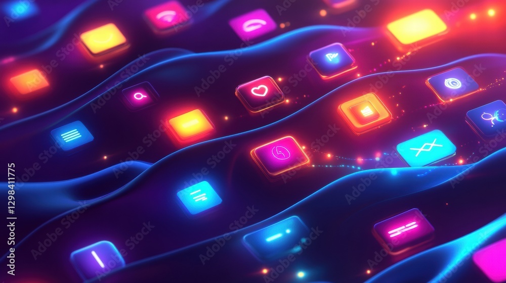 Leinwandbilder Colorful neon icons flow through a digital wave of light in a futuristic abstract setting with vibrant colors and patterns. Generative AI