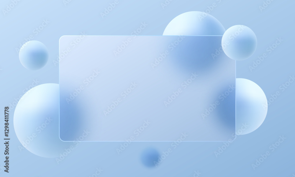 Wall mural abstract background. translucent glass partition with floating blue spheres on light gradient backgr