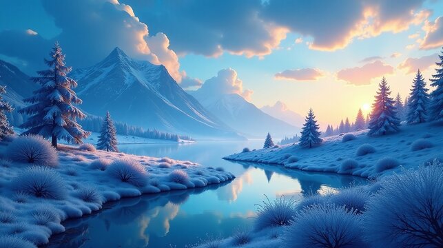 Breathtaking snow-covered mountain and tranquil lake under a sky painted with hues of blue and gold.