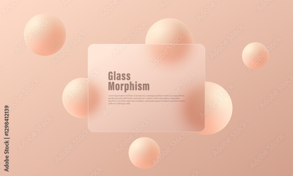Wall mural website landing page in glass morphism style. semi-transparent presentation panel with floating sphe