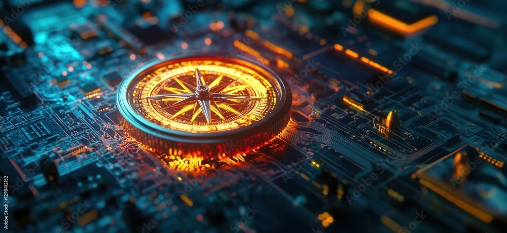 Poster digital compass on circuit board representing technology and navigation, copy space for text