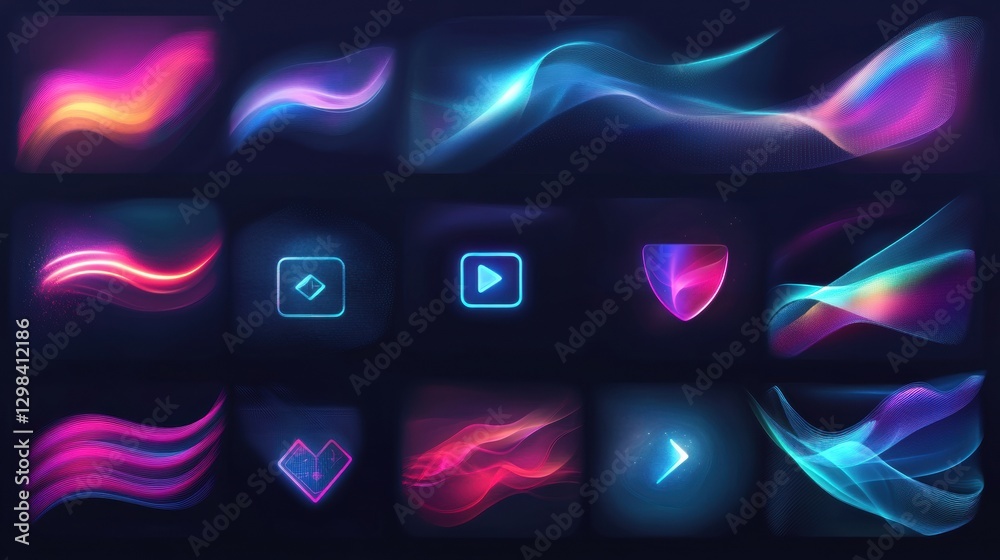 Poster Colorful abstract wave patterns and icons on a dark background showcasing modern design elements for digital applications. Generative AI