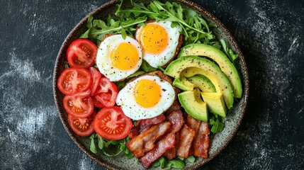 Healthy Breakfast Eggs, Avocado, Bacon, Tomatoes