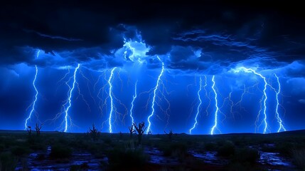 Night Storm Over Desert Landscape. Powerful Lightning.  Possible Use Stock Photo
