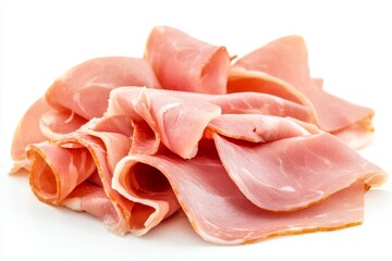 Sliced Ham Stack - Close-up of a pile of thinly sliced ham, showcasing its delicate texture and pinkish hue against a white background