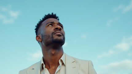Aspiration in the Blue: A portrait captures a man gazing upwards against the sky