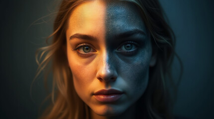 Duality in Light: A portrait of a woman's face dramatically split between warm and cool light, accentuating the contrast between contrasting moods and emotions.