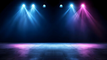Empty Stage Illuminated By Blue And Pink Spotlights Projecting Beams Of Light On Textured Surface