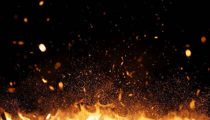 Fire embers particles over black background. Fire sparks background. Abstract dark glitter fire particles lights.