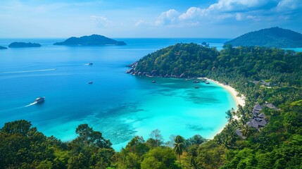 Obraz premium A breathtaking aerial view of a tropical beach surrounded by lush green hills and clear waters.