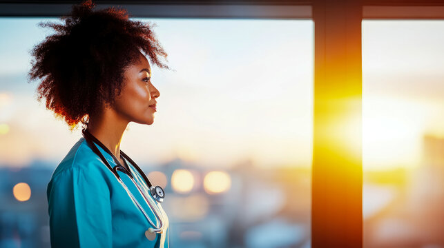 Healthcare hero: African American professional in scrubs looks out over city at sunset. - Powered by Adobe