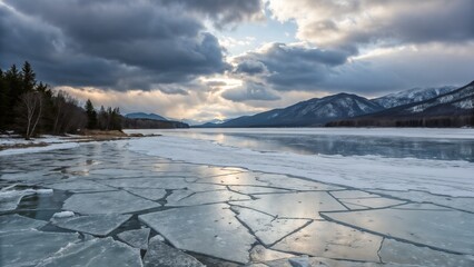 Fototapeta premium Stunning frozen lake landscape with cracked ice and mountains under a dramatic sky