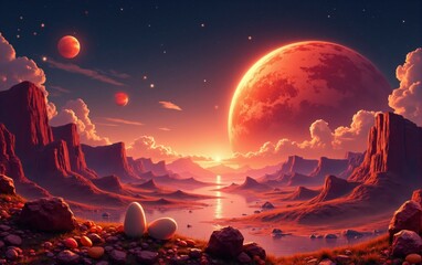 Fototapeta premium Alien Planet Landscape with Red Planets and Eggs