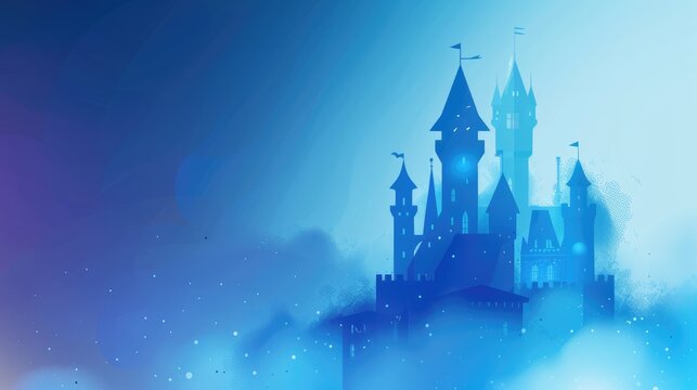 Mystical blue castle silhouette emerging from fog, set against a dreamy twilight sky, evoking fantasy and wonder
