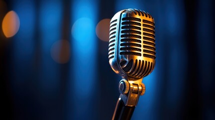 Centered on a deep blue backdrop, a sleek microphone gazes to the right, its glossy surface contrasting with bold black accents