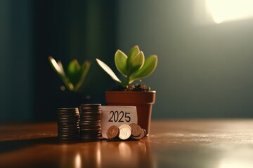 Investment growth concept for 2025 with coins and plant.