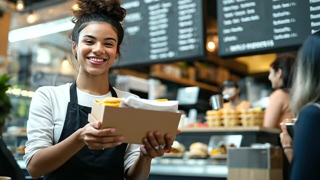 A fast food cashier, captured in a mid-shot, hands over a neatly packed order to a customer, with clearly visible menu boards above the counter showcasing vibrant meal options in a