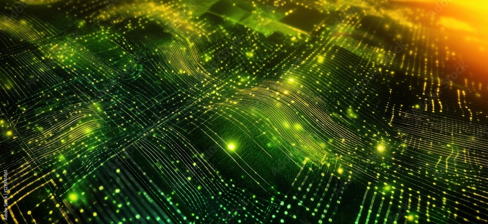 Poster abstract digital landscape with glowing lines and points representing data flow, copy space for text