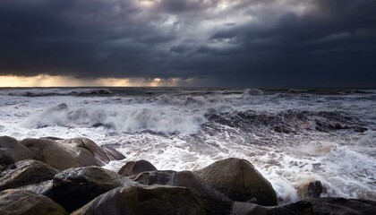 Obraz premium A dark overcast sky advancing over rough waves rolling over rocks on a beach