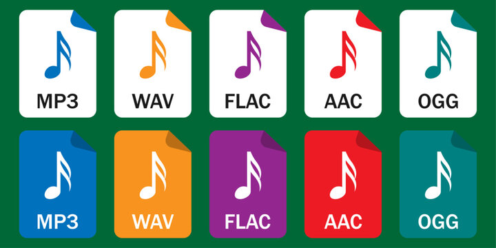 Collection of audio file format icons (MP3, WAV, FlAC, AAC, OGG) in outline and color styles. Great for apps, music platforms, and digital designs.
