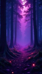 Fototapeta premium Purple mist with small dots on a mystical forest floor, floor, trees