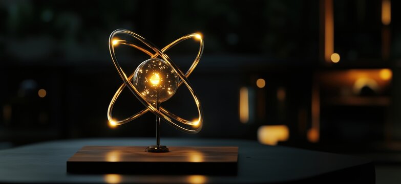 Illuminated atomic model sculpture showcasing science and technology in modern decor, copy space for text
