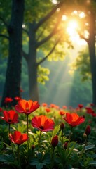 Fototapeta premium Scarlet sunlit flowers against a backdrop of towering green trees and lush foliage in a serene landscape, foliage, tree