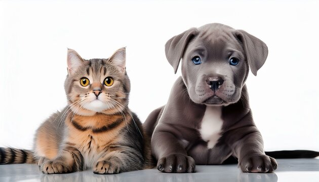 pit bull puppy and a cat scottish straight amicably sitting together