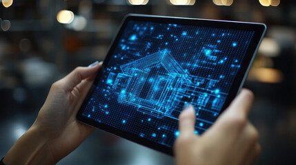 Hands holding tablet, digital house design, modern cafe