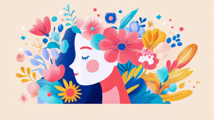 Floral Serenity: Woman's Silhouette Amidst Blossoms, Nature's Embrace, Feminine Beauty for Wellness, Invitation Card, Spring Equinox