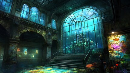 Fototapeta premium A grand hall showcases an underwater aquarium within its structure