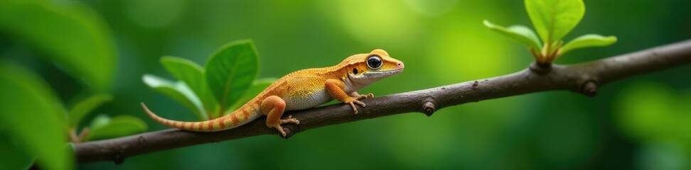 Fototapeta premium Small Asian gecko curled up around a branch of a mistletoe tree, plant, greenery