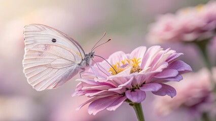 Naklejka premium Serene Butterfly on a Flower: A delicate butterfly perches gracefully on a vibrant pink flower, its wings gently open in the sunlight, showcasing the delicate patterns and textures.