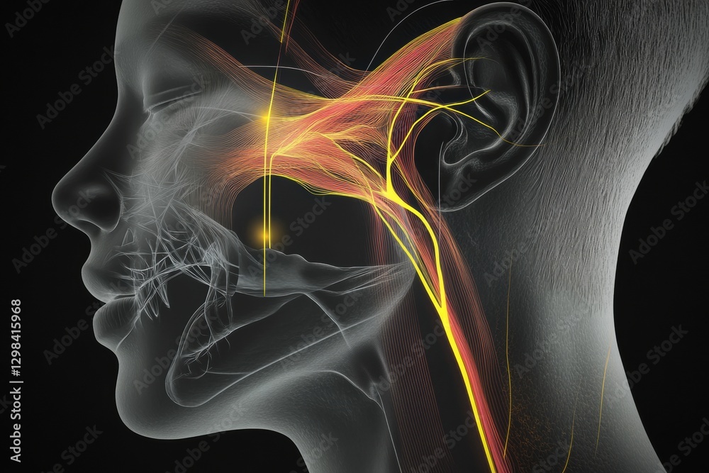 Aufkleber Visualization of facial nerve anatomy highlighting pathways and connections in the human head. Generative AI