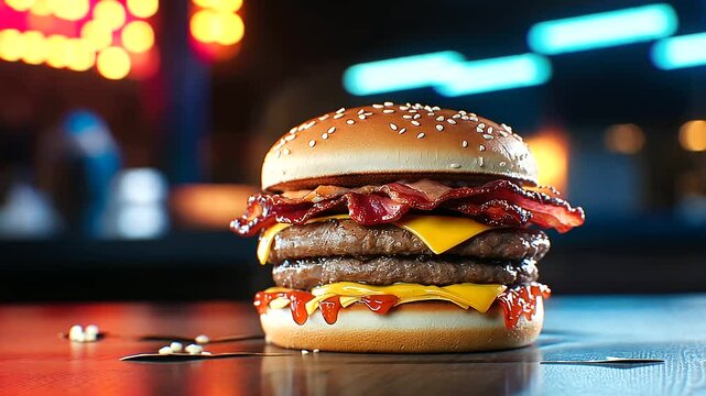 A bold close-up of a double-stacked burger, featuring layers of juicy patties, smoky bacon, and melted cheddar, with barbecue sauce glistening under vibrant neon lighting for a str