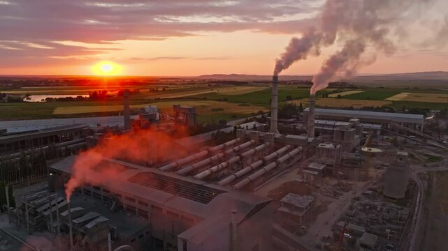 aerial view of two smoking pipes of soviet concrete factory at summer sunset