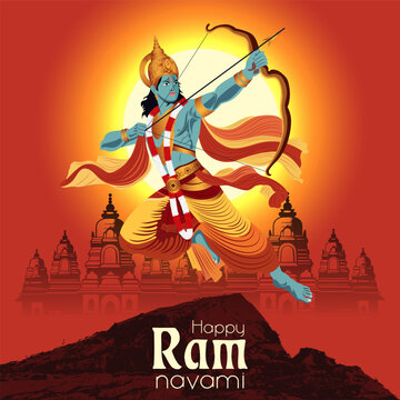 Ram Navami Festival Illustration Lord Rama Aiming Bow and Arrow, Glowing Sun Halo, Temple Silhouette, Rocky Foreground, and Bold Red-Orange Background for Hindu Celebration.