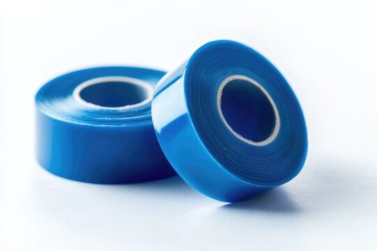 Two rolls of blue adhesive tape placed on a clean white background