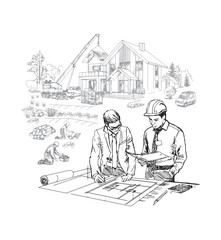 Hand-drawn vector sketch of architects discussing construction plans on a building site, isolated. The scene includes crane, house, builders, landscaping. The illustration is in a monochrome color 